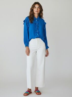 Zara Ruffle Blue Button Down Collared Blouse Size Medium Career Casual